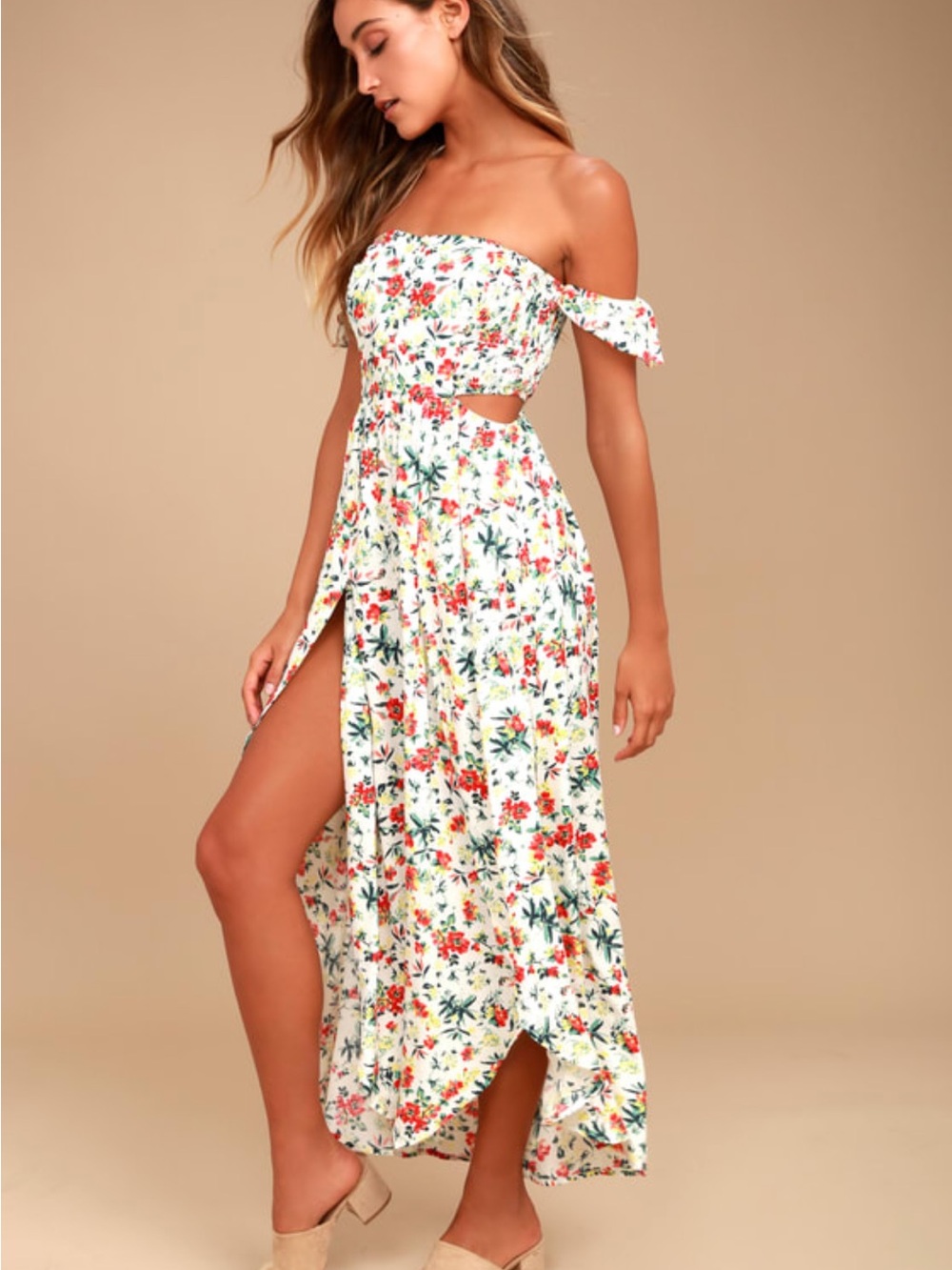 Lush White One-Shoulder Floral Cutout Maxi Dress